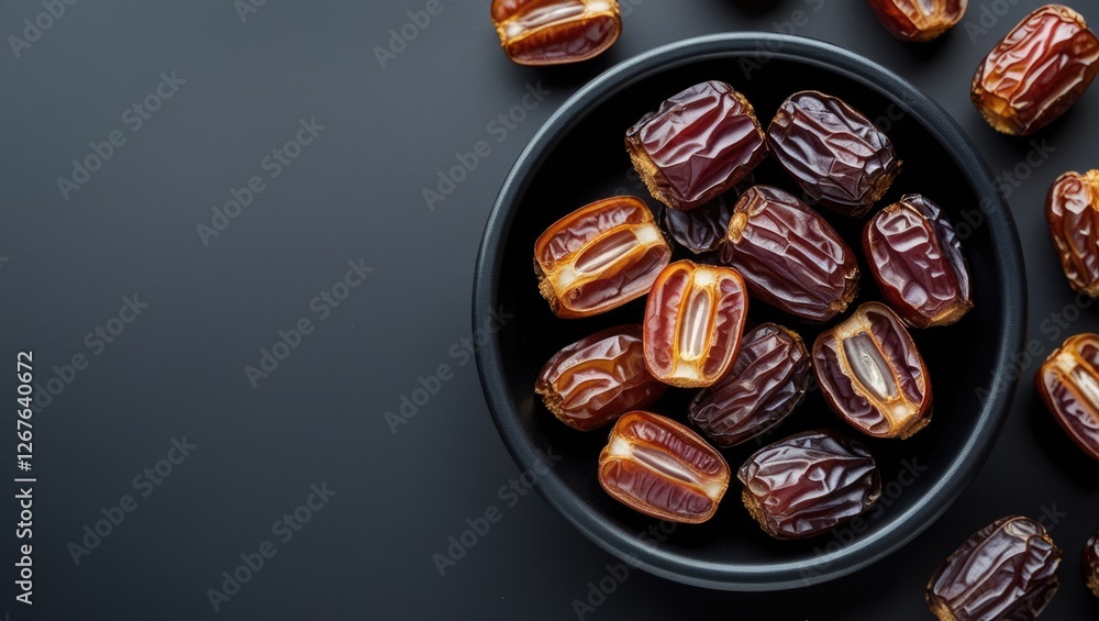 Poster dry dates arranged in a black bowl on a dark surface with ample negative space for text or branding,
