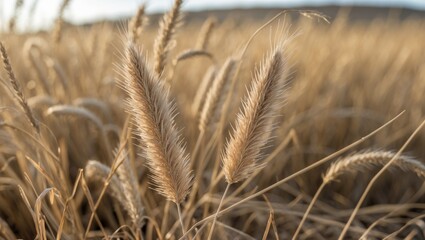 Golden Prairie Grass in Soft Focus Capturing the Serene Beauty of Dry Natural Landscapes During Golden Hour Light
