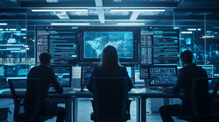 Diverse team of IT experts monitoring multiple cybersecurity screens in a high-tech control room analyzing firewall security data network protection cybercrime prevention and system encryption