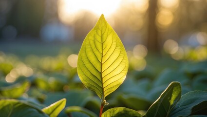 Backlit Leaf Glowing in Afternoon Sunlight Over Lush Green Foliage