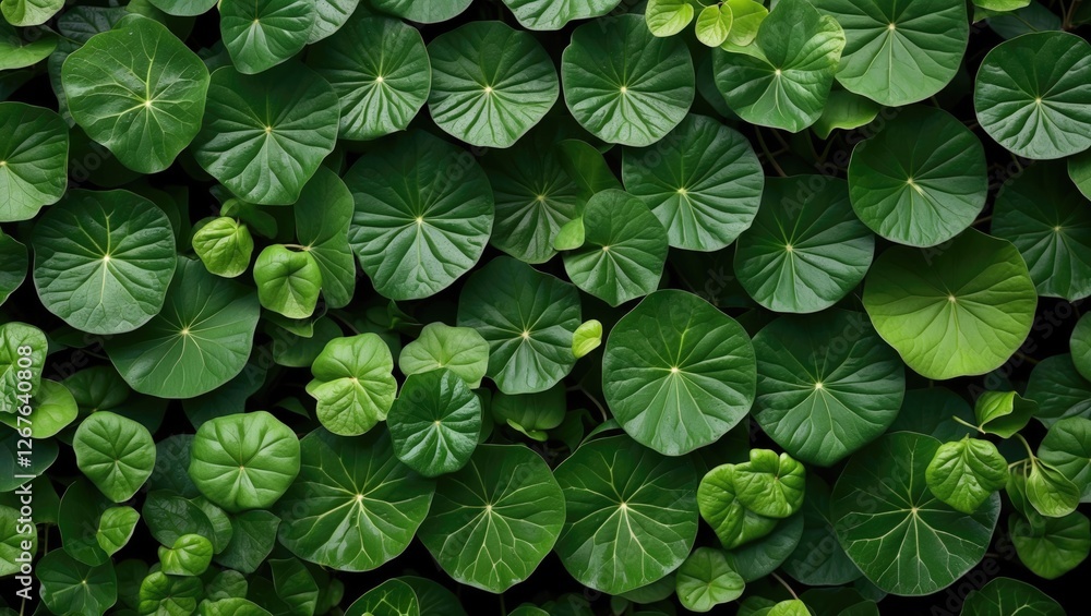Poster dense green leafy background with varied circular leaf shapes in a vibrant natural arrangement.