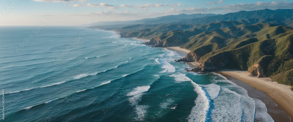 Poster aerial view of serene coastal landscape with gentle waves and lush green hills ideal for background 