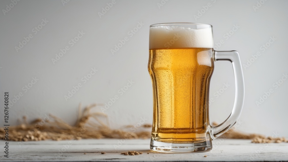 Poster golden beer in a frosted glass mug with bubbles isolated on a white background showcasing refreshing