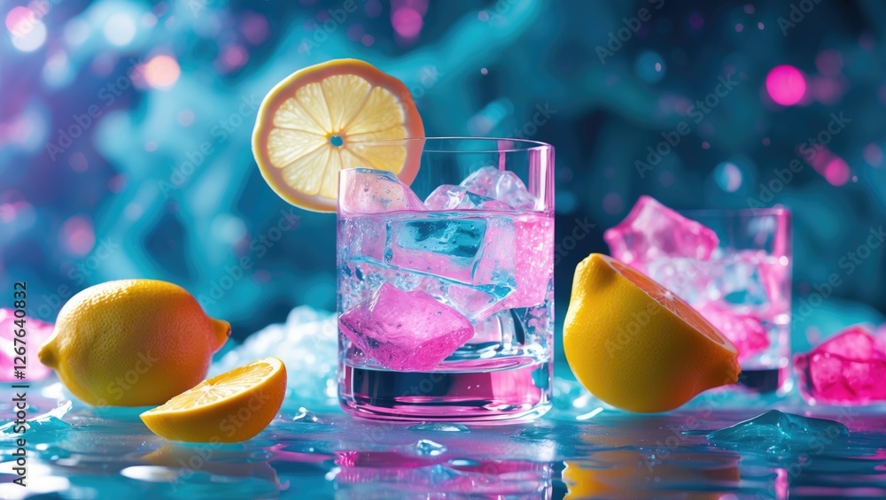 Poster refreshing lemon drink with ice and bright colors on a reflective surface perfect for summer promoti