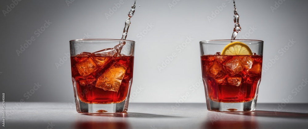 Poster refreshing cold tea drink with ice and lemon slice in glasses on gray background