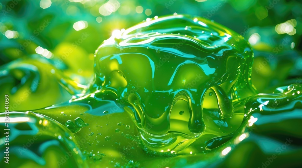 Poster Translucent green jelly texture with bubbles and reflective surfaces in vibrant lighting creating a fresh and appetizing visual background.