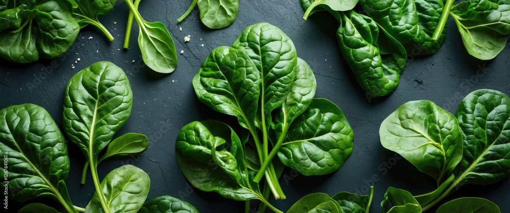 Poster Fresh Green Spinach Leaves Spread on Dark Surface with Empty Space for Culinary Text or Health Related Content