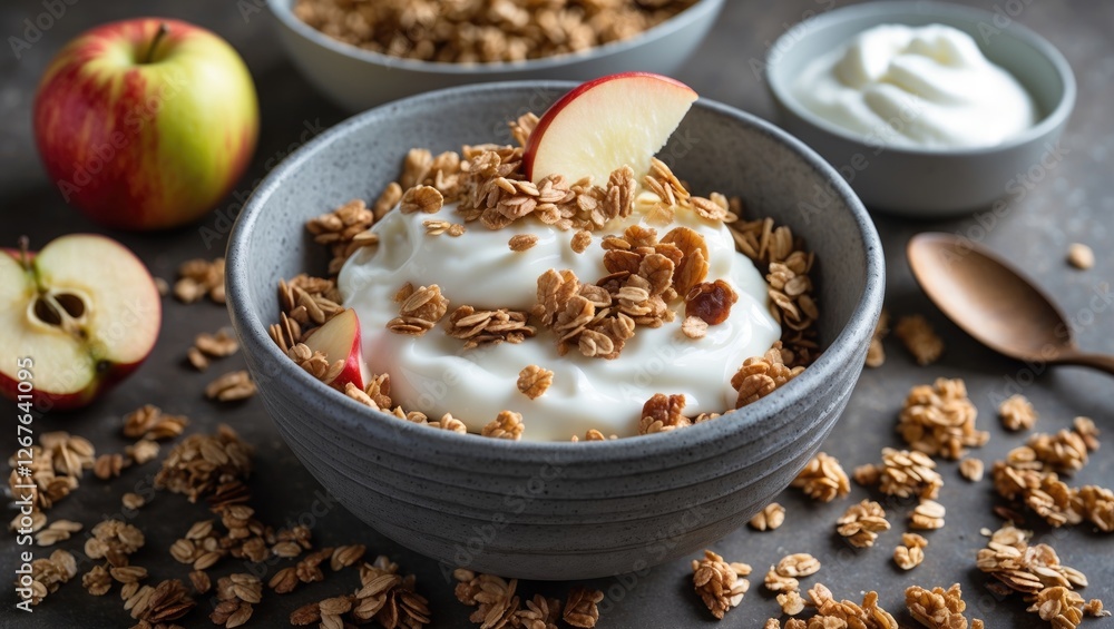 Poster healthy yogurt bowl with granola and fresh apple slices on a rustic table setting