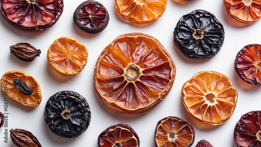 Poster dried fruit assortment on white background showcasing macro details and diverse patterns of citrus a