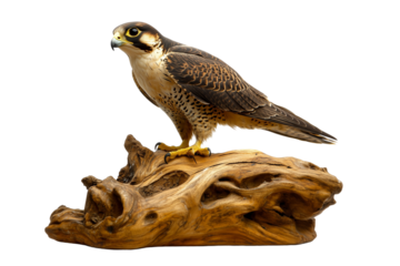 a Peregrine falcon perched on a wooden surface isolated on a transparent background 