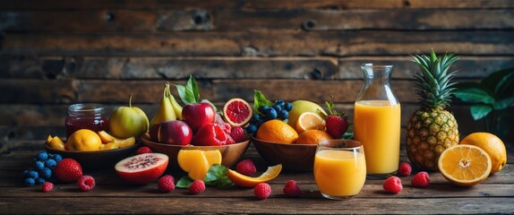 Colorful Assortment of Fresh Fruits and Juices on Rustic Wooden Table with Copy Space for Healthy Eating and Beverage Promotions
