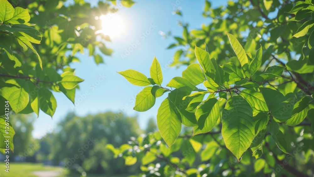 Poster vibrant green leaves illuminated by sunlight in a clear blue sky creating a refreshing and tranquil 