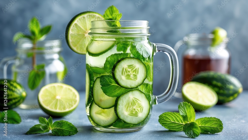 Poster refreshing cucumber lime mint detox water in a jar mug with fresh ingredients and copy space for tex