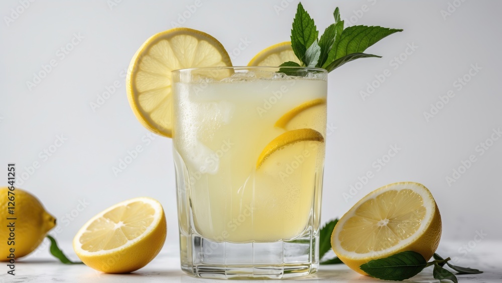 Poster Refreshing Lemonade Beverage with Fresh Mint and Lemon Slices on a Light Background Garnished for a Cool Summer Refreshment Experience