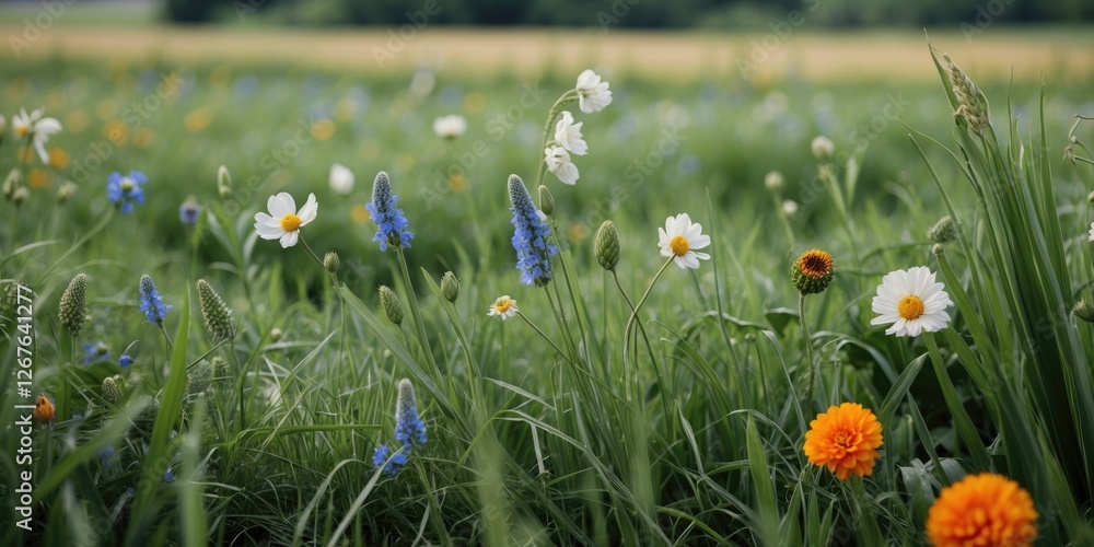 Poster vibrant meadow with colorful wildflowers and lush green grass creating an ideal natural background f
