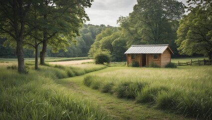 Obraz premium Serene Countryside Scene with Lush Grass, Majestic Trees, and a Cozy Wooden Hut Surrounded by Tranquil Nature and Empty Space for Text