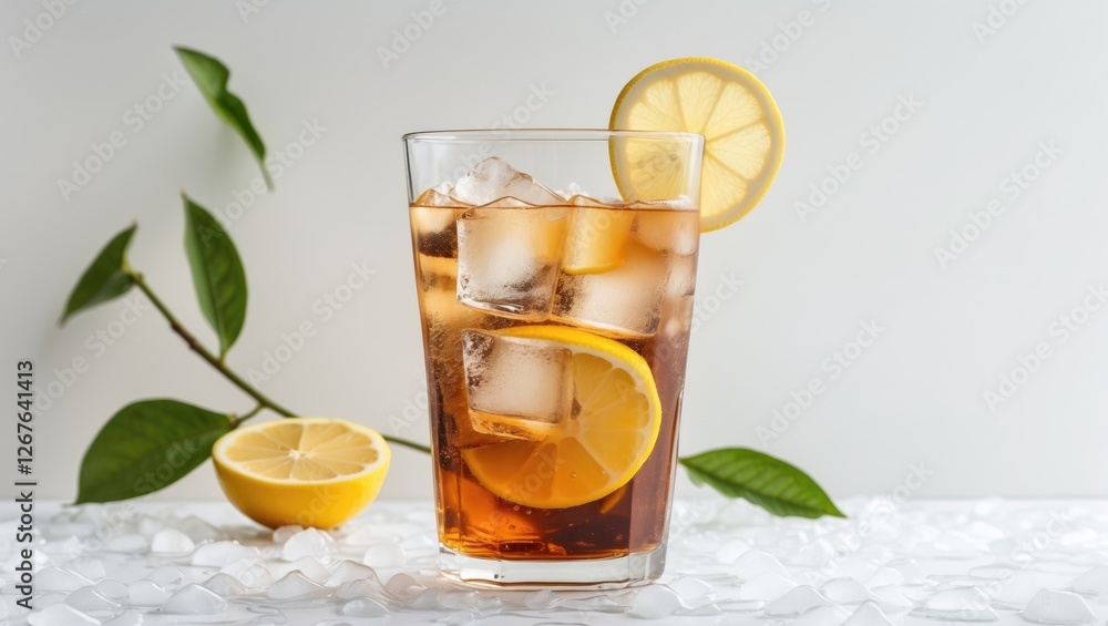 Poster refreshing iced tea with lemon slices and ice cubes, garnished with lemon and green leaves on a whit