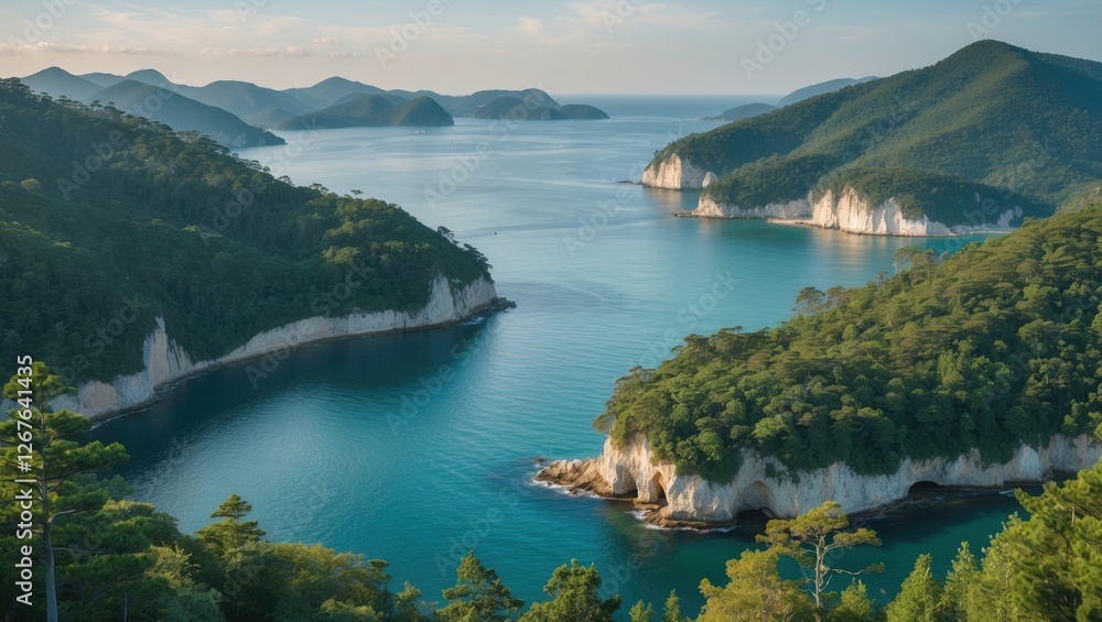 Aufkleber forest overlook with coastline and bays scenic view of lush green forests meeting calm sea empty spa