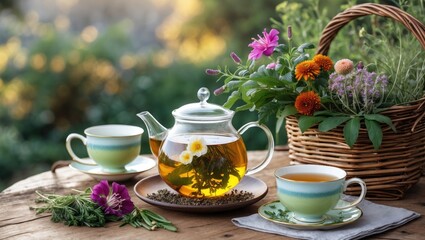 Herbal Tea Setup with Glass Teapot and Cups Surrounded by Fresh Flowers and Herbs in Wicker Basket on Outdoor Table for Healthy Living