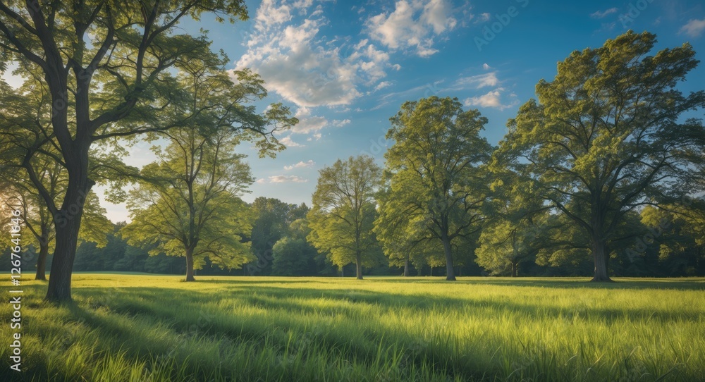 Poster Vibrant Summer Grass Field Surrounded by Trees Under a Clear Blue Sky with Ample Space for Text or Promotional Content