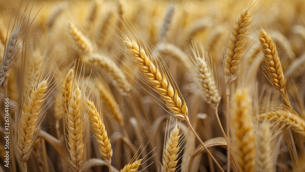 Poster golden wheat fields under soft sunlight capturing nature's bounty with vibrant yellow tones and text