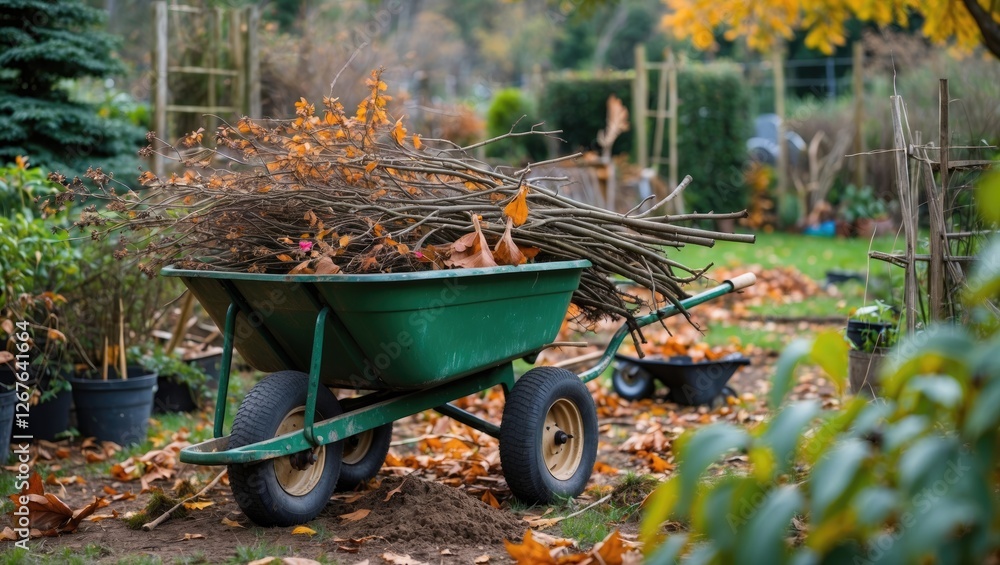 Poster garden wheelbarrow filled with dry branches surrounded by autumn foliage with empty space for text a