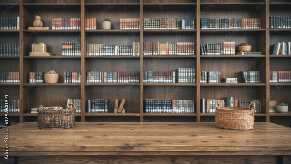 Poster elegant wooden table in front of a modern library bookshelf, ideal for product display and interior 