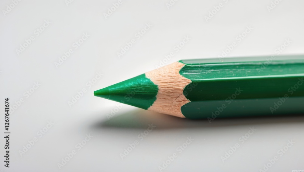 Poster Close-up of a green color pencil on a white background showcasing its sharp tip and wooden detailing for art and design concepts.