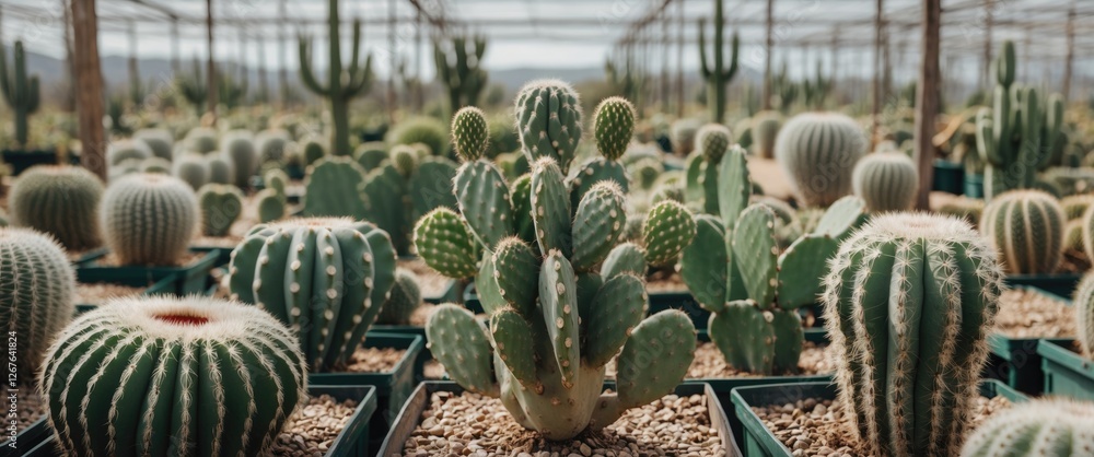 Poster cactus farm nursery abundance lush greenery with space for text in natural light setting