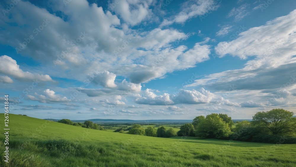 Aufkleber vibrant green landscape under a blue sky with fluffy clouds and ample copy space for text or graphic