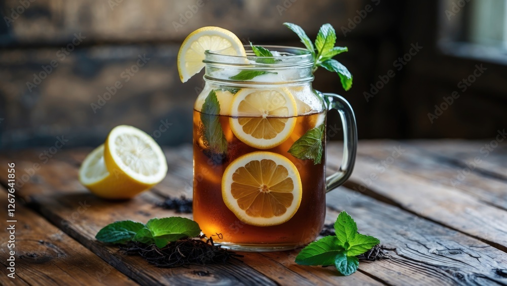 Poster refreshing iced tea with lemon slices and fresh mint in a glass jar on a rustic wooden table
