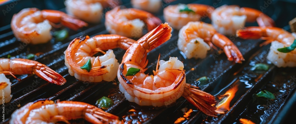 Aufkleber Grilled Shrimp on Barbecue with Empty Space for Text in Food Presentation and Culinary Context