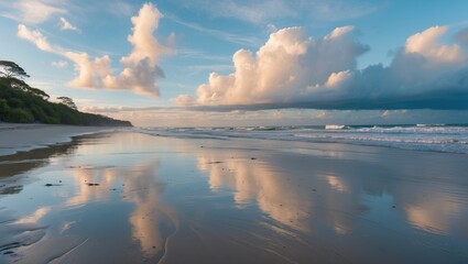 Obraz premium Tranquil Five Fingers Bay Beach at Sunrise with Dramatic Cloud Reflections on Wet Sand and Space for Text Display