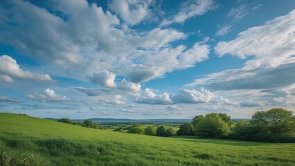 Obraz premium Vibrant Green Landscape Under a Blue Sky with Fluffy Clouds and Ample Copy Space for Text or Graphics