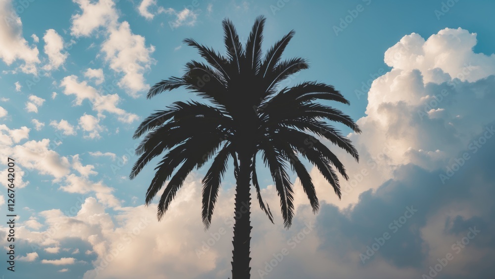 Poster silhouette of a palm tree against a sky filled with clouds providing empty space for text in a seren