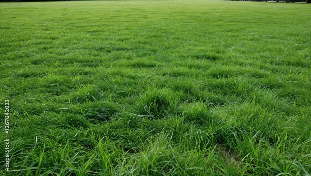 Poster lush green grass field in park setting with ample copy space for text and design elements