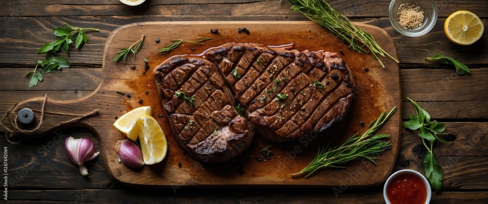 Leinwandbilder grilled beef steak displayed on rustic wooden board surrounded by fresh herbs and condiments top vie