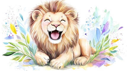 A chibi lion with a fluffy mane, roaring playfully, isolated on a watercolor background with splashes of blue and green
