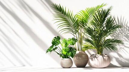 Fototapeta premium Tropical plants in pots, sunlight on wall, minimalist interior, home decor