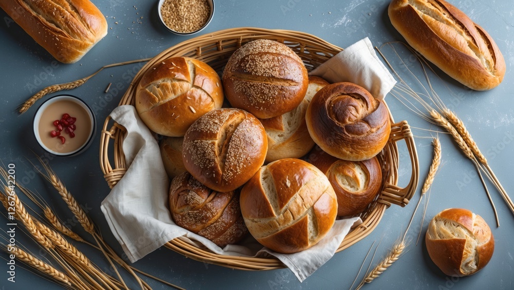 Poster assorted freshly baked wheat and rye buns in a traditional basket with napkin on a gray background f
