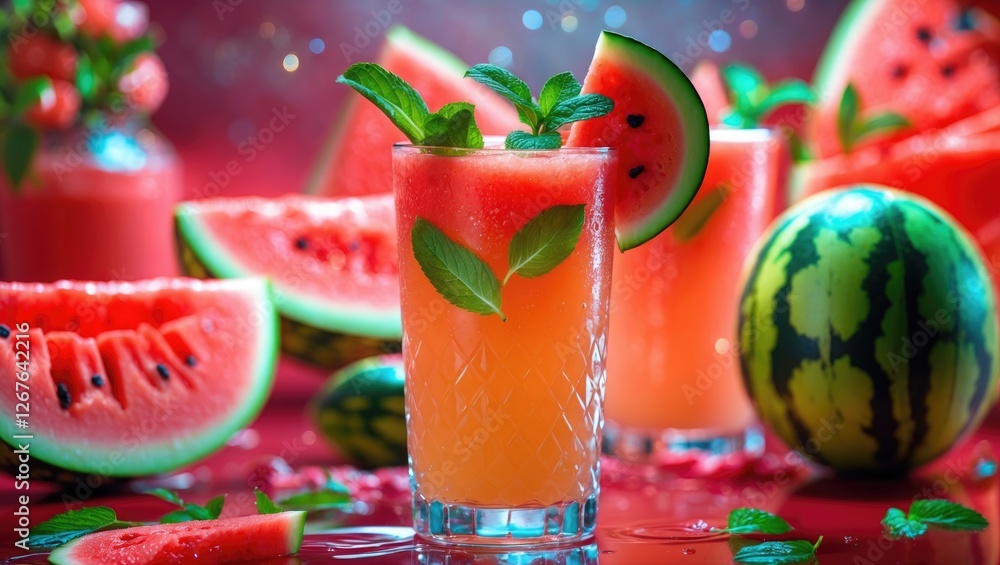 Poster refreshing summer watermelon juice with mint garnish surrounded by fresh watermelon slices and a bri