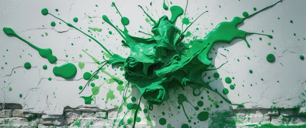 Poster Vibrant green paint splatters creating an artistic effect on a textured white wall with brick elements showcasing creativity and color.