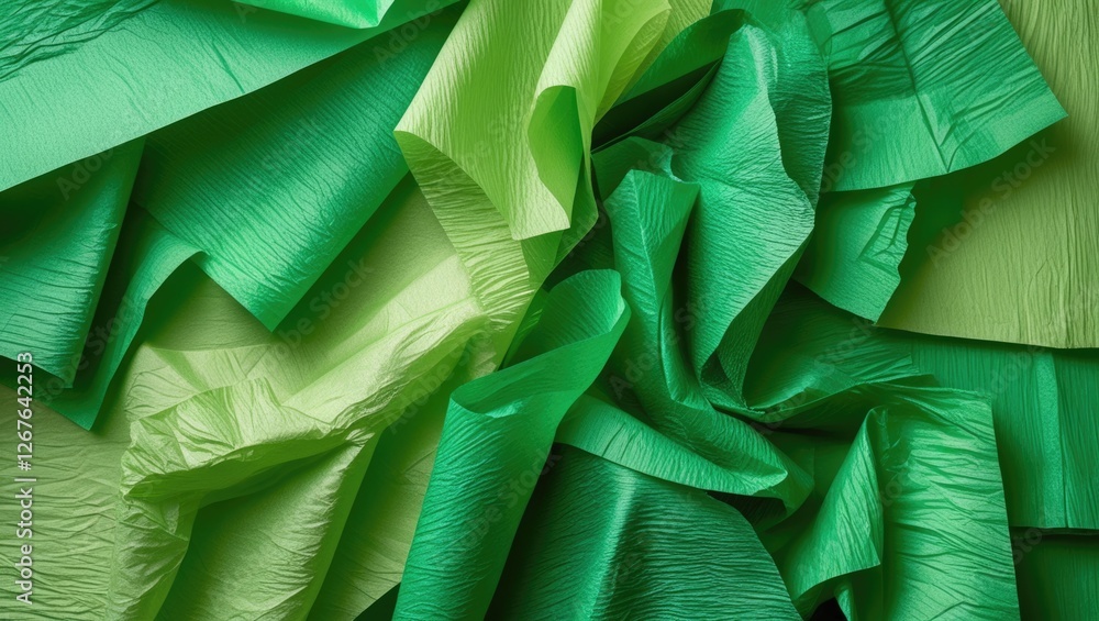 Poster vibrant green crepe paper texture with layered folds creating an abstract background suitable for cr