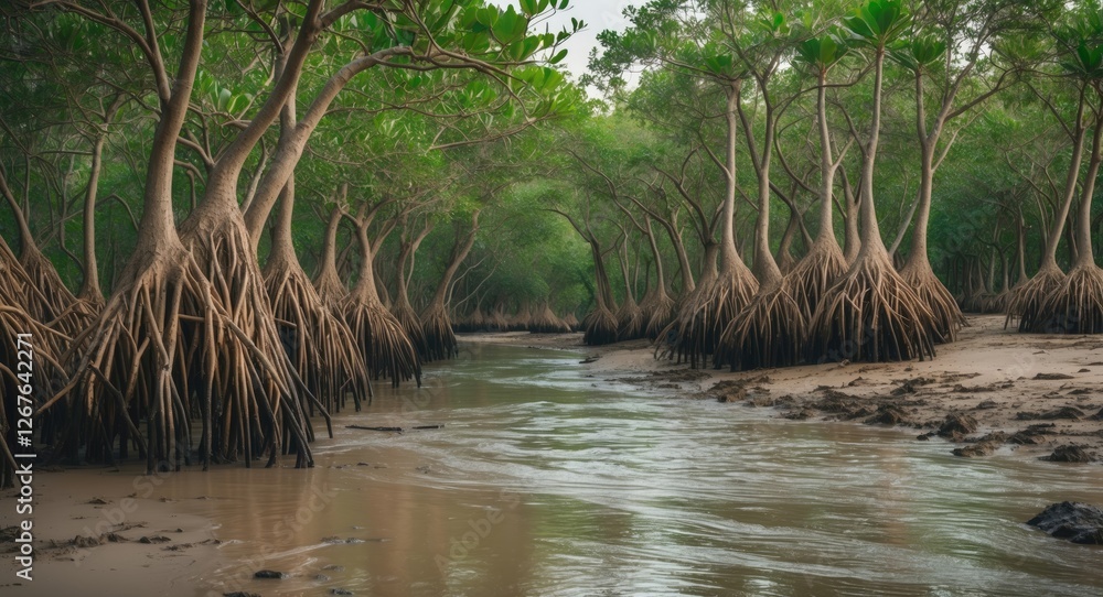 Aufkleber lush green mangrove trees thrive along a muddy riverbank, creating a tranquil natural landscape with
