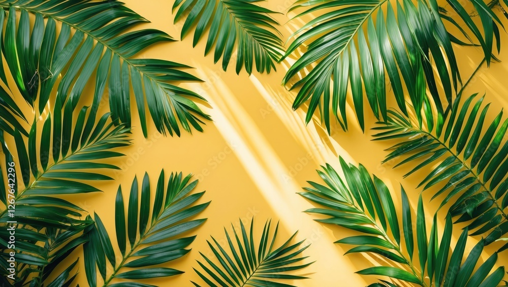 Poster Tropical Palm Leaves on Bright Yellow Background with Sunlight Creating a Minimalist Summer Flat Lay Design for Creative Projects.