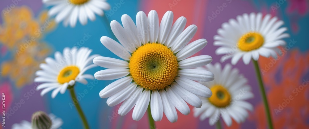 Poster closeup of a vibrant daisy flower with a colorful background and ample copy space for text or brandi