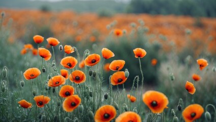 Obraz premium Vibrant Field of Orange Poppies in Bloom Against a Scenic Landscape with Soft Focus Background