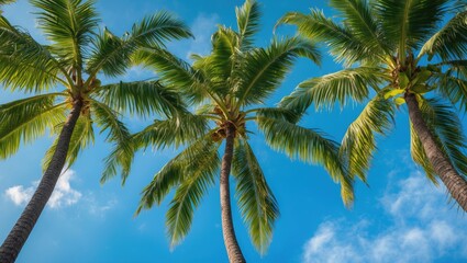 Lush Green Palm Trees Against a Clear Blue Sky Creating a Tropical Vibe and Relaxing Atmosphere Ideal for Travel Themes