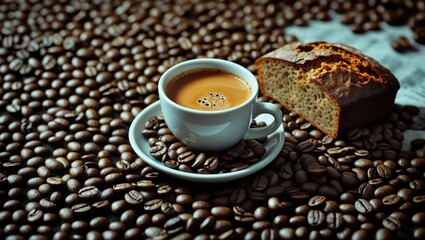 Naklejka premium Coffee cup alongside black bread on a bed of coffee beans creating a warm and inviting breakfast scene.