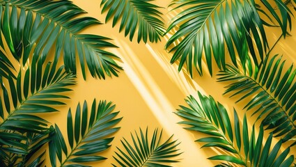 Fototapeta premium Tropical Palm Leaves on Bright Yellow Background with Sunlight Creating a Minimalist Summer Flat Lay Design for Creative Projects.